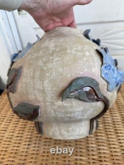 Vintage 60's Studio Pottery Hand-Formed OVAL Planter Pot Applied Blue Flowers