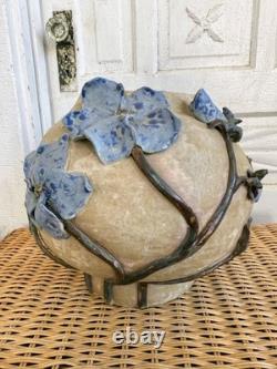 Vintage 60's Studio Pottery Hand-Formed OVAL Planter Pot Applied Blue Flowers