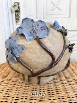Vintage 60's Studio Pottery Hand-Formed OVAL Planter Pot Applied Blue Flowers
