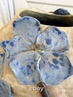 Vintage 60's Studio Pottery Hand-Formed OVAL Planter Pot Applied Blue Flowers