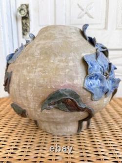Vintage 60's Studio Pottery Hand-Formed OVAL Planter Pot Applied Blue Flowers