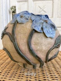 Vintage 60's Studio Pottery Hand-Formed OVAL Planter Pot Applied Blue Flowers
