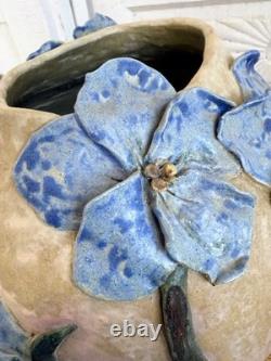 Vintage 60's Studio Pottery Hand-Formed OVAL Planter Pot Applied Blue Flowers
