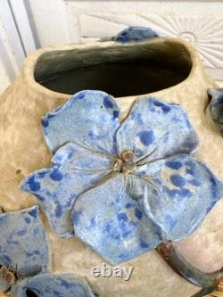 Vintage 60's Studio Pottery Hand-Formed OVAL Planter Pot Applied Blue Flowers