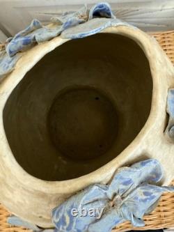 Vintage 60's Studio Pottery Hand-Formed OVAL Planter Pot Applied Blue Flowers