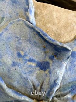 Vintage 60's Studio Pottery Hand-Formed OVAL Planter Pot Applied Blue Flowers