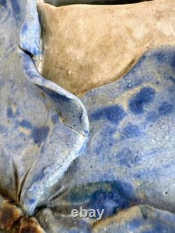 Vintage 60's Studio Pottery Hand-Formed OVAL Planter Pot Applied Blue Flowers