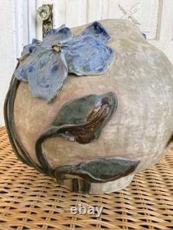 Vintage 60's Studio Pottery Hand-Formed OVAL Planter Pot Applied Blue Flowers