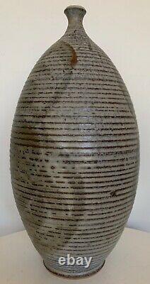 Vintage 60s 70s Deyoe Ribbed Stoneware Studio Pottery Vase Mid Century Modern