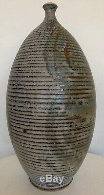 Vintage 60s 70s Deyoe Ribbed Stoneware Studio Pottery Vase Mid Century Modern