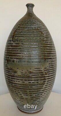 Vintage 60s 70s Deyoe Ribbed Stoneware Studio Pottery Vase Mid Century Modern