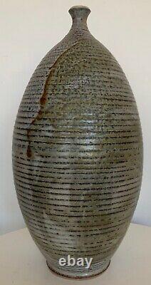 Vintage 60s 70s Deyoe Ribbed Stoneware Studio Pottery Vase Mid Century Modern