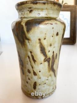 Vintage 6.5 Louis Mideke Signed Brown Studio Pottery Vase Leaf Tree MCM