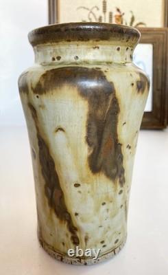 Vintage 6.5 Louis Mideke Signed Brown Studio Pottery Vase Leaf Tree MCM