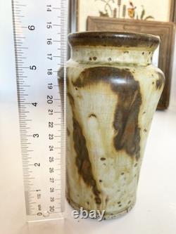 Vintage 6.5 Louis Mideke Signed Brown Studio Pottery Vase Leaf Tree MCM