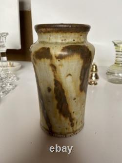 Vintage 6.5 Louis Mideke Signed Brown Studio Pottery Vase Leaf Tree MCM
