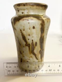 Vintage 6.5 Louis Mideke Signed Brown Studio Pottery Vase Leaf Tree MCM