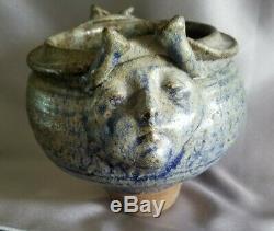Vintage 70's Studio Pottery Bowl, Effigy Face signed Y Denny Speckled glaze blue