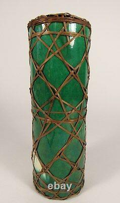 Vintage 9 AWAJI Japanese Studio Art Pottery Incised Cranes Green Vase