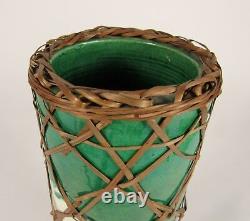 Vintage 9 AWAJI Japanese Studio Art Pottery Incised Cranes Green Vase