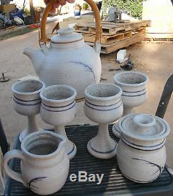 Vintage 9 pc set American studio pottery, signed, teapot, 4 stems, sugar, cream/lids