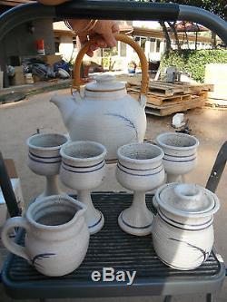 Vintage 9 pc set American studio pottery, signed, teapot, 4 stems, sugar, cream/lids