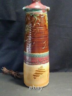 Vintage American Studio 27 Tall Art Pottery Handled Drip Glaze Table Lamp