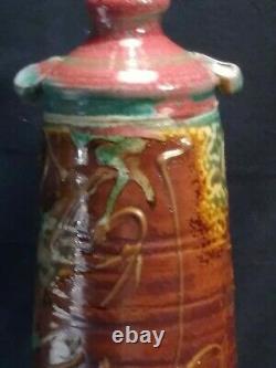 Vintage American Studio 27 Tall Art Pottery Handled Drip Glaze Table Lamp