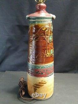 Vintage American Studio 27 Tall Art Pottery Handled Drip Glaze Table Lamp