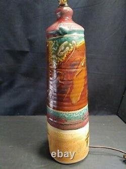 Vintage American Studio 27 Tall Art Pottery Handled Drip Glaze Table Lamp