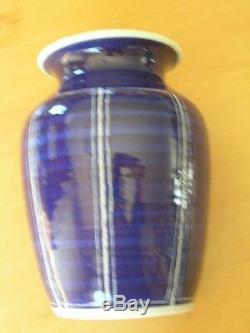Vintage Antique Blue & White Studio Pottery Vase Signed 3 Lines Crossed Japanese