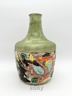 Vintage Art Pottery Vase Asian Inspired Glaze Relief Bird