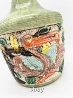 Vintage Art Pottery Vase Asian Inspired Glaze Relief Bird