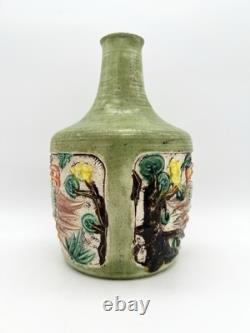Vintage Art Pottery Vase Asian Inspired Glaze Relief Bird