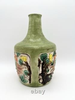 Vintage Art Pottery Vase Asian Inspired Glaze Relief Bird