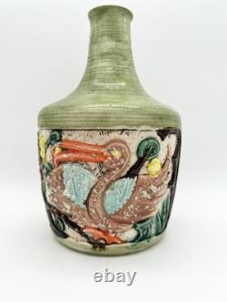 Vintage Art Pottery Vase Asian Inspired Glaze Relief Bird