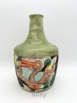 Vintage Art Pottery Vase Asian Inspired Glaze Relief Bird