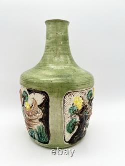 Vintage Art Pottery Vase Asian Inspired Glaze Relief Bird