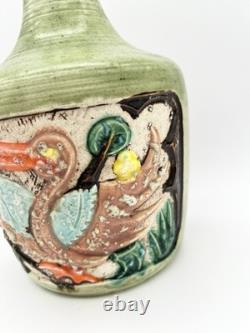 Vintage Art Pottery Vase Asian Inspired Glaze Relief Bird