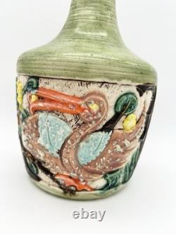 Vintage Art Pottery Vase Asian Inspired Glaze Relief Bird