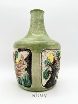 Vintage Art Pottery Vase Asian Inspired Glaze Relief Bird