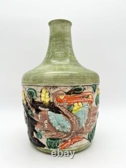 Vintage Art Pottery Vase Asian Inspired Glaze Relief Bird