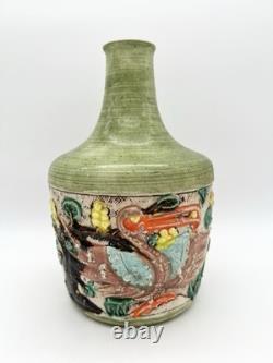Vintage Art Pottery Vase Asian Inspired Glaze Relief Bird