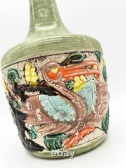 Vintage Art Pottery Vase Asian Inspired Glaze Relief Bird