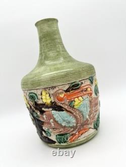 Vintage Art Pottery Vase Asian Inspired Glaze Relief Bird