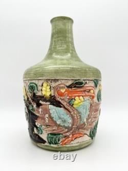 Vintage Art Pottery Vase Asian Inspired Glaze Relief Bird