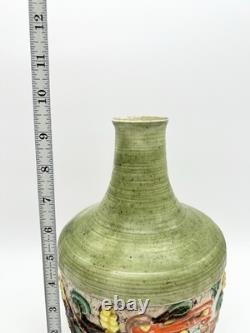 Vintage Art Pottery Vase Asian Inspired Glaze Relief Bird