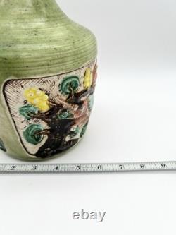 Vintage Art Pottery Vase Asian Inspired Glaze Relief Bird