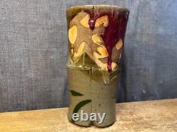 Vintage Art Pottery Vase Studio Mark Leaves Drip Glaze Unique Stoneware Clay