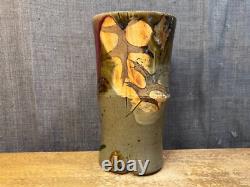 Vintage Art Pottery Vase Studio Mark Leaves Drip Glaze Unique Stoneware Clay